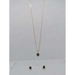 Women's Brand New Yellow Gold Tone Dark Blue CZ Necklace & Earrings Jewelry Set